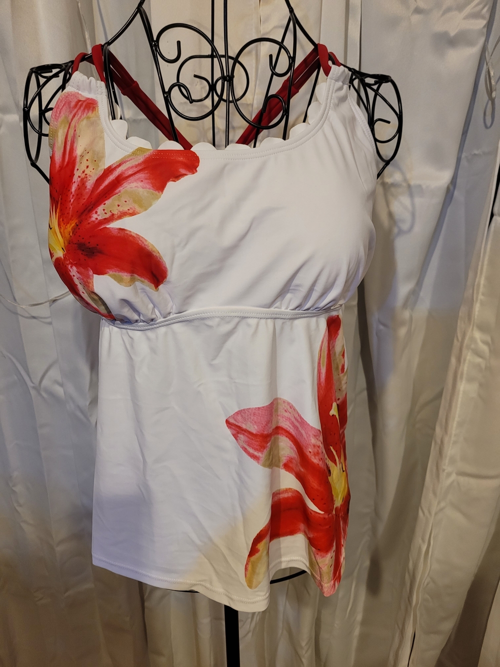 Amazon White Tankini Top with Red Floral Accents